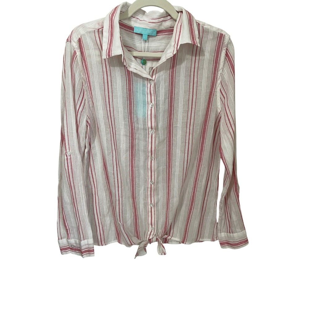 Melissa Odabash Inny Red Stripe Cotton Gauze Tie Front Roll Tab Shirt Large NWT